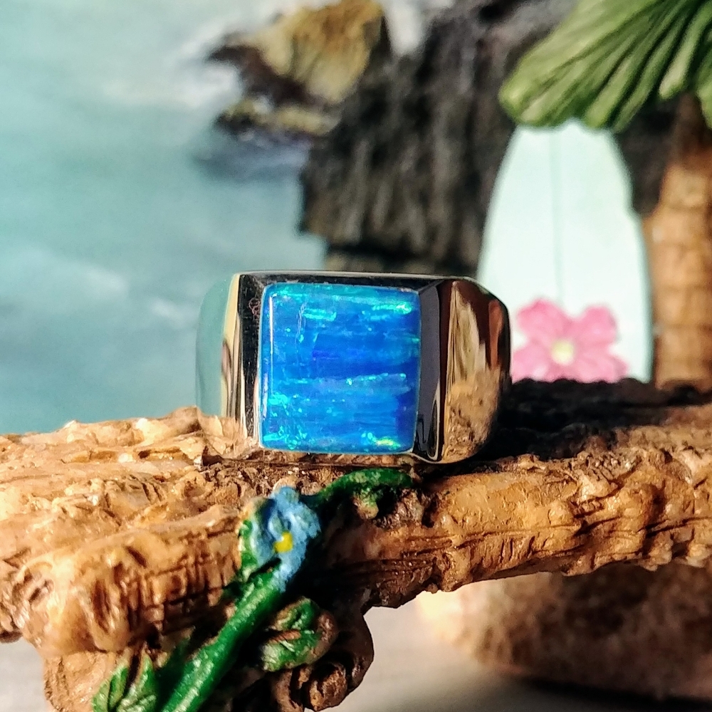 950 Fine Silver Heavy Blue Opal Ring